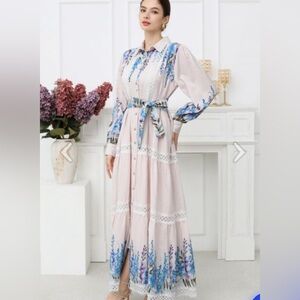 NWT Chicwish Glittering Lavender Print Lace Panel Buttoned Maxi Dress